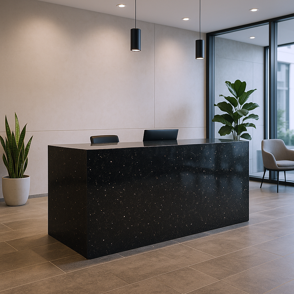 A high-resolution image showcasing a modern reception area with a sleek black granite counter, subtle white speckles, pendant lighting, and minimalistic decor including potted plants and contemporary seating, creating an elegant and welcoming ambiance.