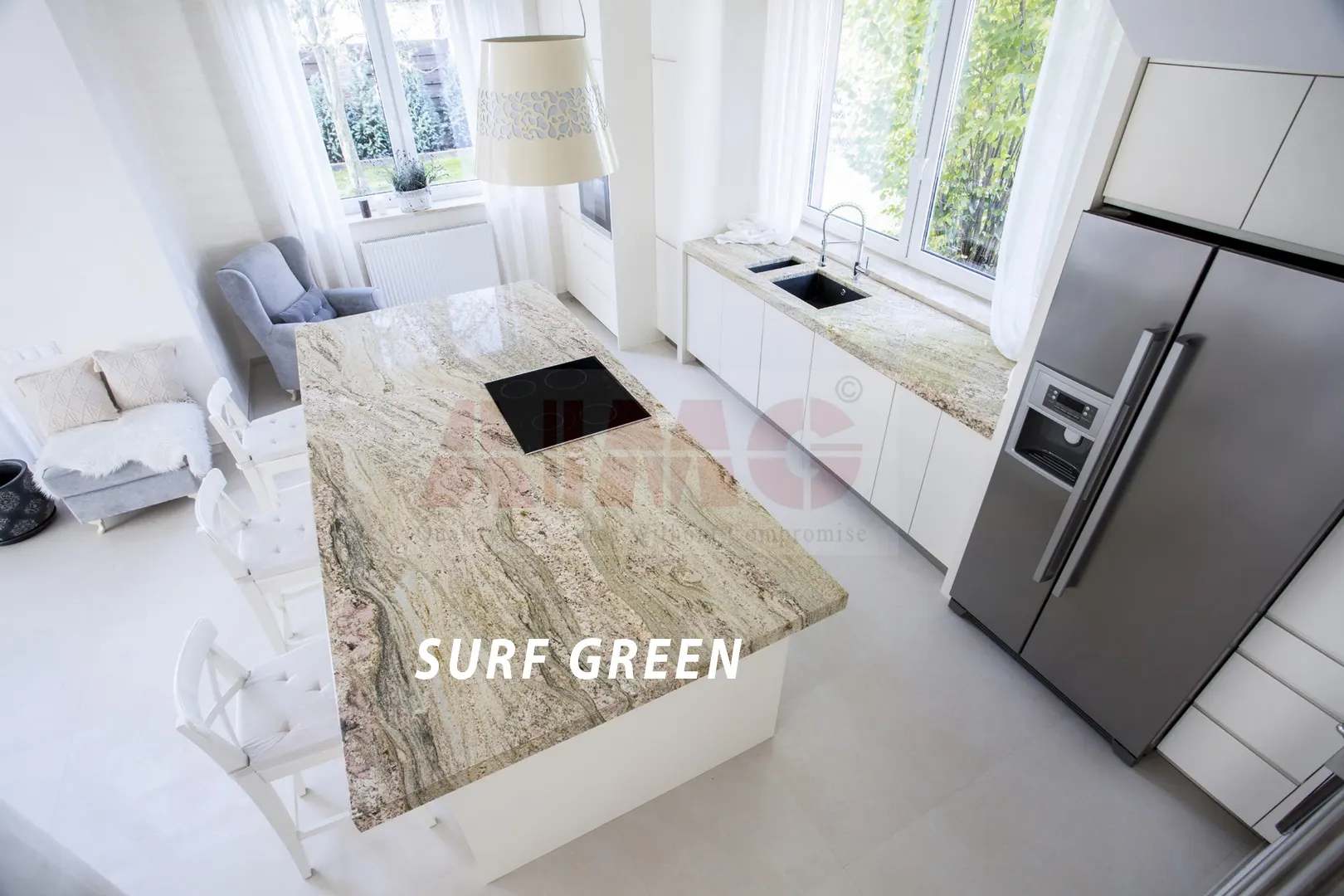 Surf Green Granite kitchen island countertop by Aravali Marbles featuring soft green and cream textures for contemporary kitchen designs