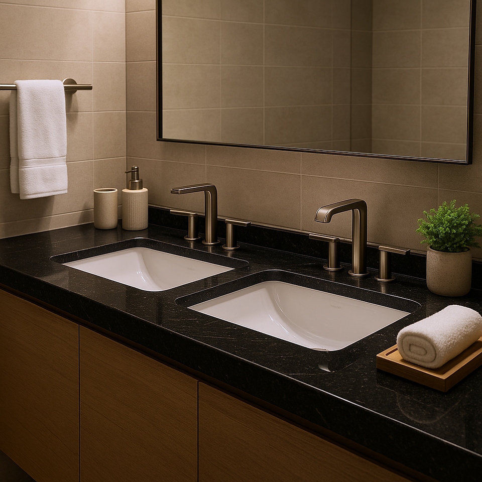 Elegant modern bathroom featuring a double vanity with polished Black Granite countertop from Aravali Marbles, paired with under-mount sinks, brushed metal faucets, and minimalist beige wall tiles.