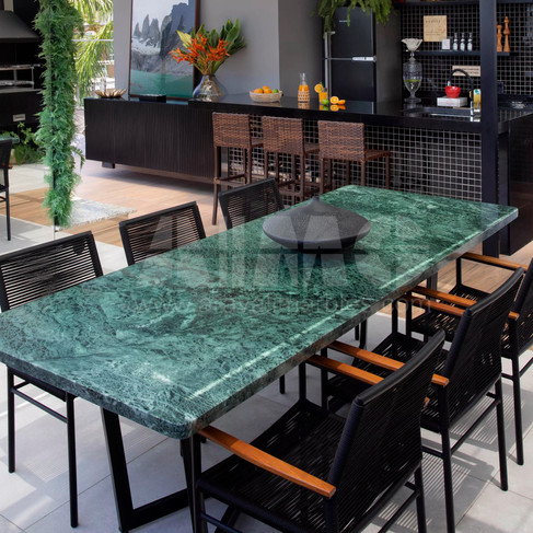 Marmol Verde Marble dining table top with deep green veining showcased by Aravali India Marbles and Granites