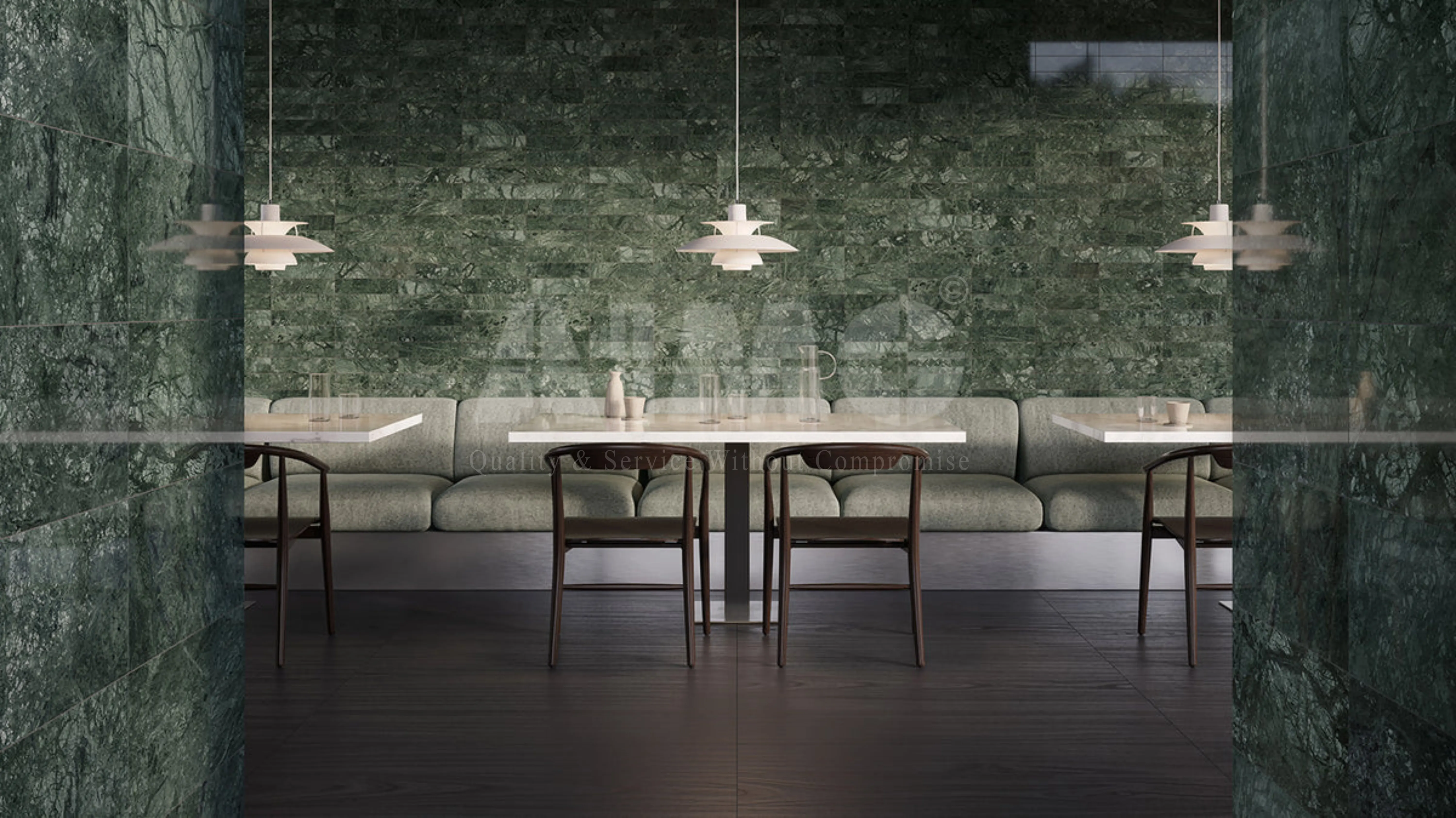 Premium green marble feature wall by Aravali Marbles showcasing polished natural stone wall cladding for luxury living rooms, hotels, restaurants, and commercial interiors.