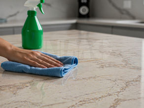 A person cleaning a polished marble countertop with a blue microfiber cloth, with a green spray bottle in the background, demonstrating routine surface cleaning.
