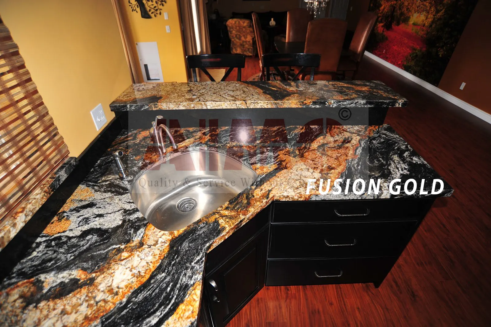 Fusion Gold Granite kitchen countertop by Aravali Marbles showcasing bold black and gold patterns for contemporary luxury kitchens
