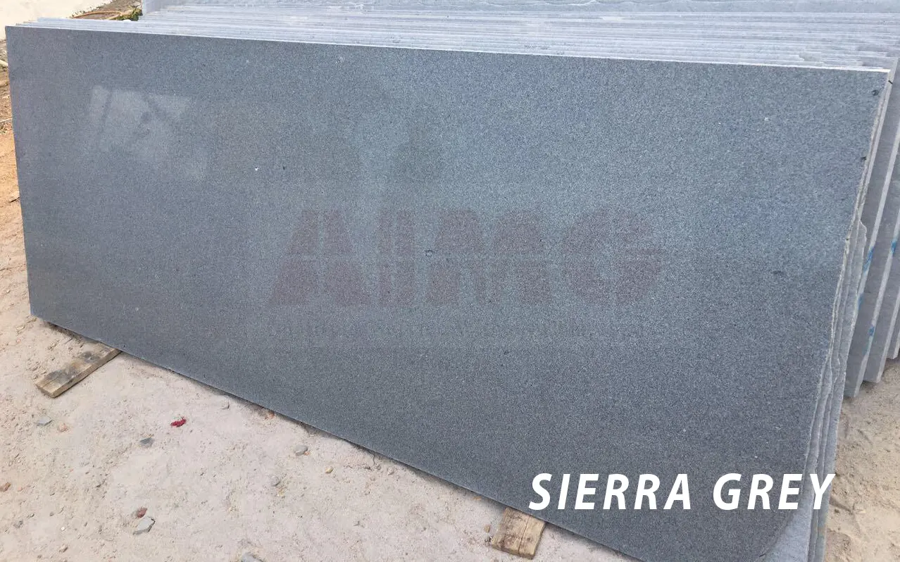 Sierra Grey Granite slab by Aravali Marbles showcasing uniform grey texture for durable kitchen counters and flooring solutions