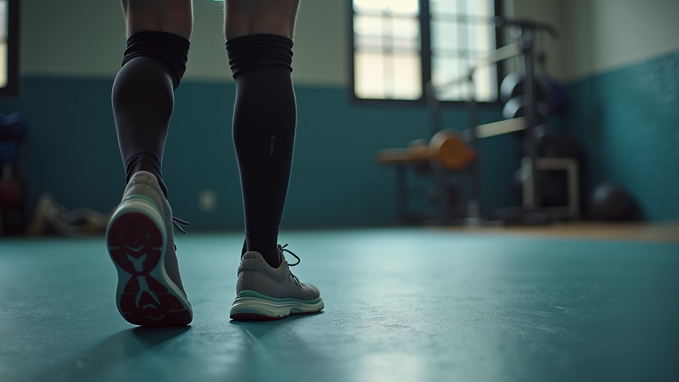 Close-up view of knee sleeves on a gym floor