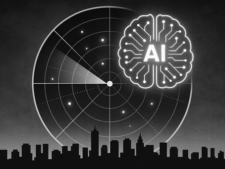 Black-and-white illustration of a radar screen merging with a glowing AI brain above a city skyline—symbolizing AI-powered technology trendspotting.