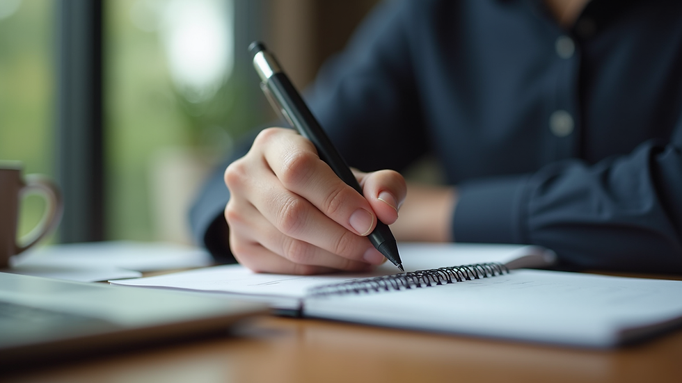 Eye-level view of a person contemplating career options with a notebook and pen