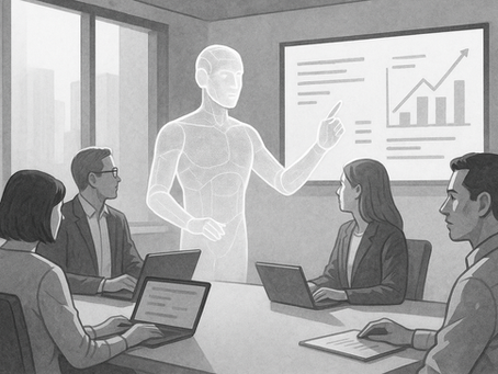 Black-and-white illustration of enterprise architects in an AI training session with a holographic instructor—symbolizing AI talent upskilling in EA.