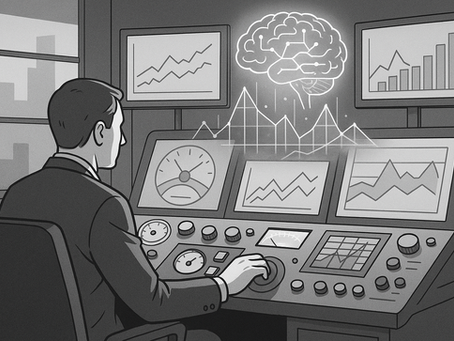Black-and-white illustration of an executive architect at a flight-simulator style dashboard with AI hologram graphs—symbolizing scenario simulation.