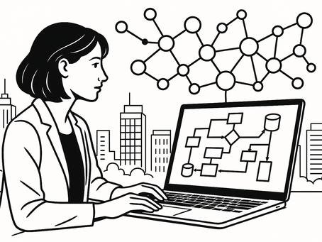 Black-and-white illustration of an architect interacting with a knowledge graph on a laptop—symbolizing an AI-infused EA repository.