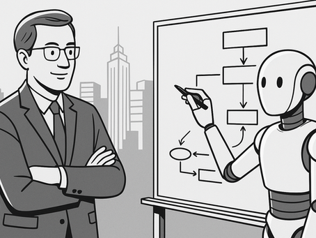 Enterprise architect coaching a humanoid robot that sketches a reference diagram—symbolizing AI-generated architecture artifacts.