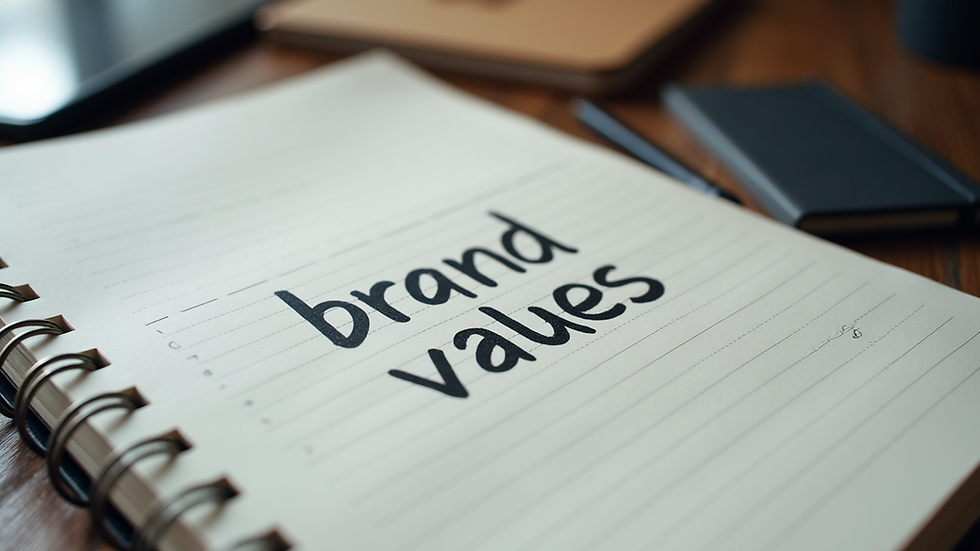 Close-up of a notebook with handwritten brand values and marketing ideas