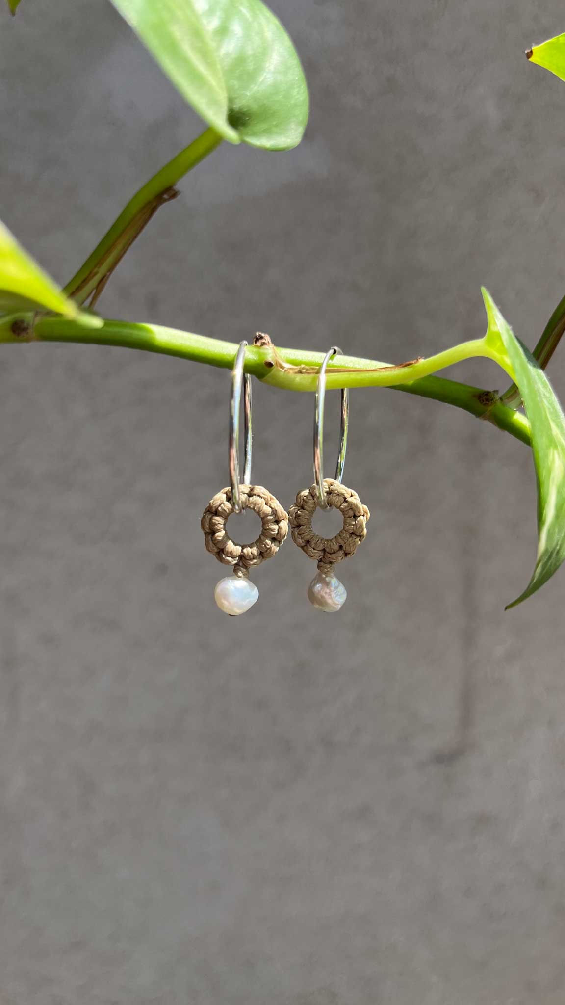 עגילי חישוק בגודל בינוני עם פרח נטורבלה בצבע ניוד ופנינה קטנה