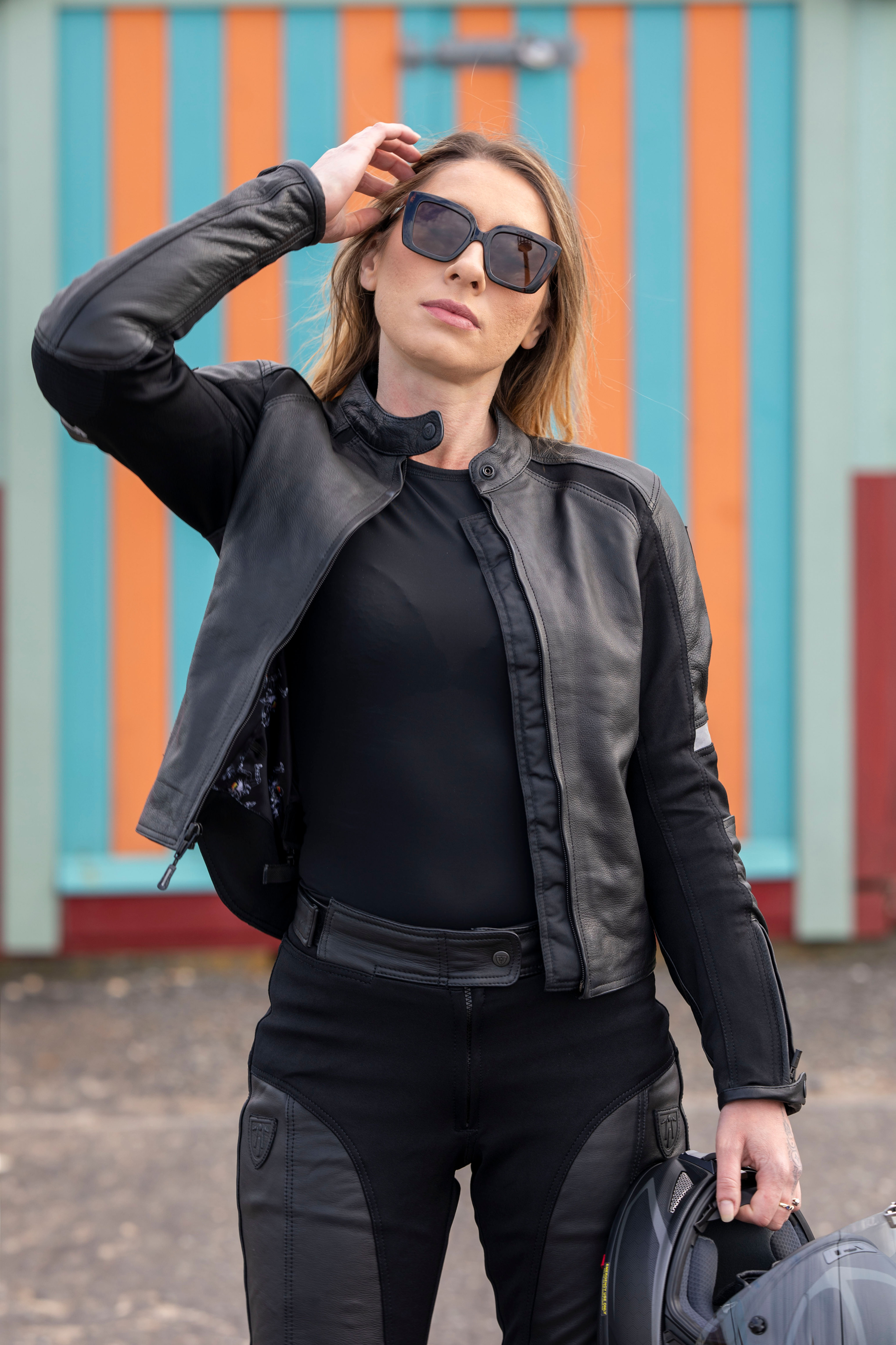 Black Fiona Jacket Made from leather and the comfy Sherrie fabric CE & UKCA Certified & Approved Garment - AA rated
