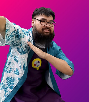 A half-body portrait of Tony, a Chinese man in his 40's. He sports a black moustache and large beard, with black glasses. He is smiling while posing in a dab, wearing a blue ocean-design haori over the Qiqi's Cosplay Medics purple apron.