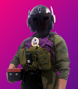 A half-body portrait of Tommo, a young man in his 20's. He is wearing a black helmet that completely obscures his face. The helmet has 2 holes for his eyes, and is decorated with 2 antennae and a streak of red paint. He is wearing the Qiqi's Cosplay Medics purple apron on top of a military-green tools harness and jacket. There is a walkie-talkie attached to his harness. He is carrying a toolbox with googly eyes in his right hand.