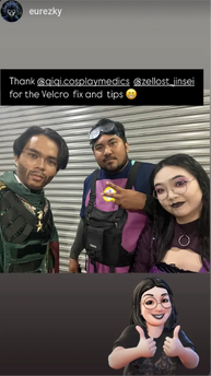 A group selfie of eurezky with cosplay medics Qiqi and Zelos. Above the photo is the caption "Thank @qiqiscosplaymedics @zellost_jinsei for the Velcro fix and tips (grinning emoji)"