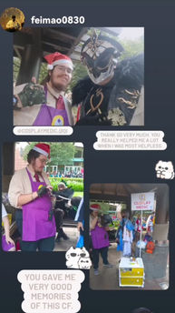 A collage of photos of cosplay medic Faust repairing a costume for feimao0830. The text around the photos say "@qiqiscosplaymedics, thank so very much. You really helped me a lot when I was most helpless. You gave me very good memories of this CF."