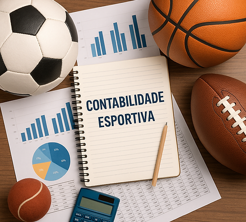 Imagem com bolas de diferentes esportes ao redor de um caderno que tem escrito: contabilidade esportiva