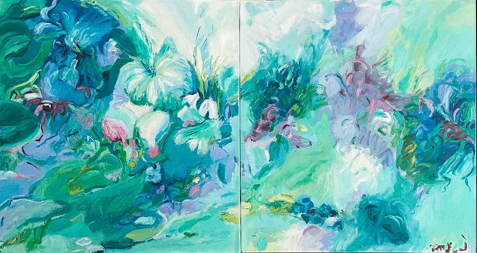 Calmness, a pair of abstract water lily oil paintings, Calm 1 and Calm 2, each on a 30-by-30-inch canvas.