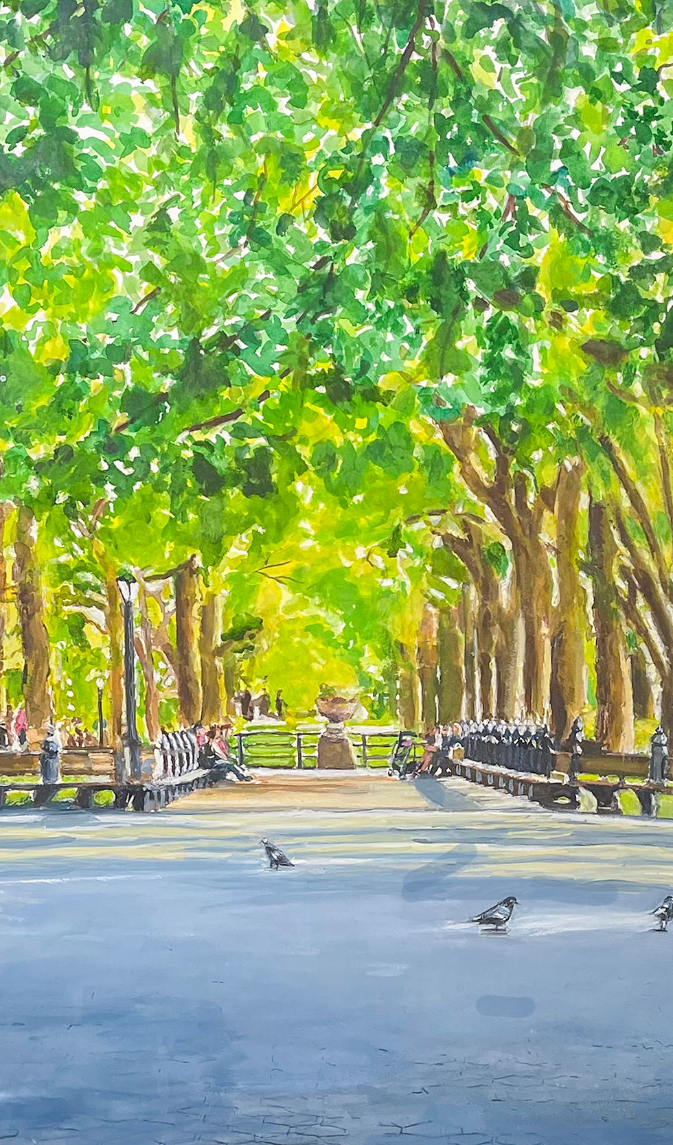 Central Park Mall, a watercolor of a sunlit, tree-lined walkway with benches, visitors, and pigeons in Central Park.