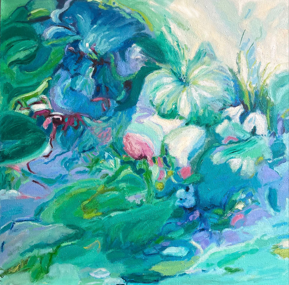 Abstract oil painting of water lilies and lily pads in turquoise, green, blue, and lavender, with pale petals and pink accent