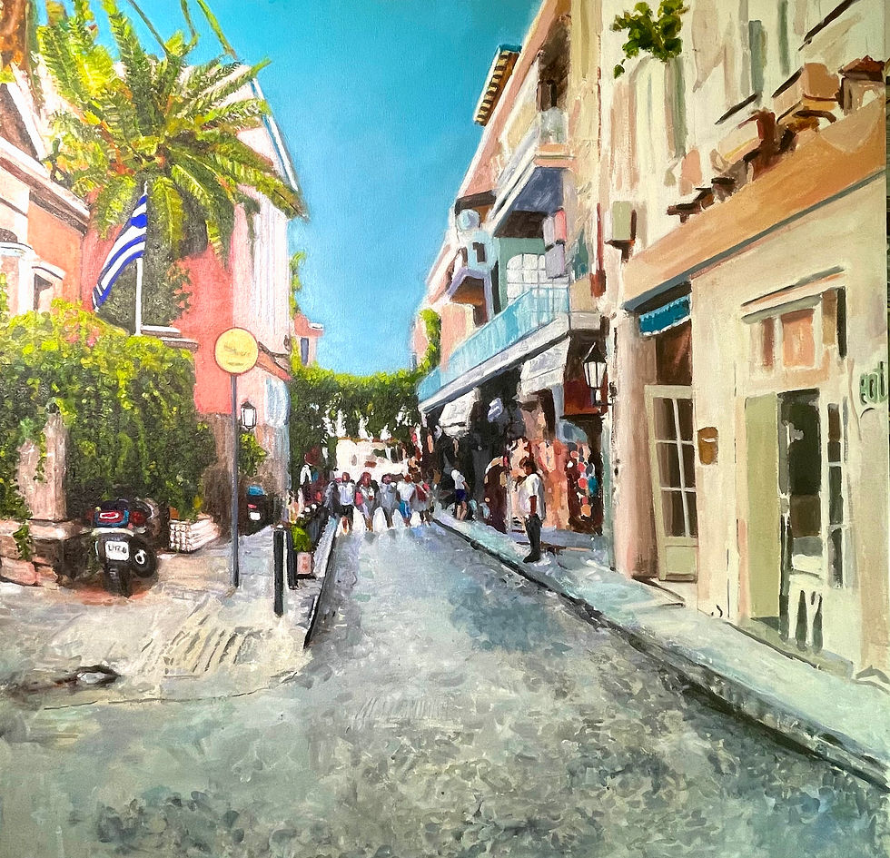 Street in Athens by Carolynne Fromme, acrylic painting of pedestrians on a sunlit Athens street with a palm tree, Greek flag,