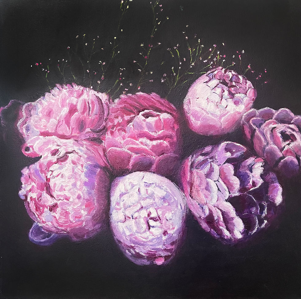 Pink Peonies with Dark Background by Carolynne Fromme, acrylic painting of large pink and lavender peonies with tiny flowers 
