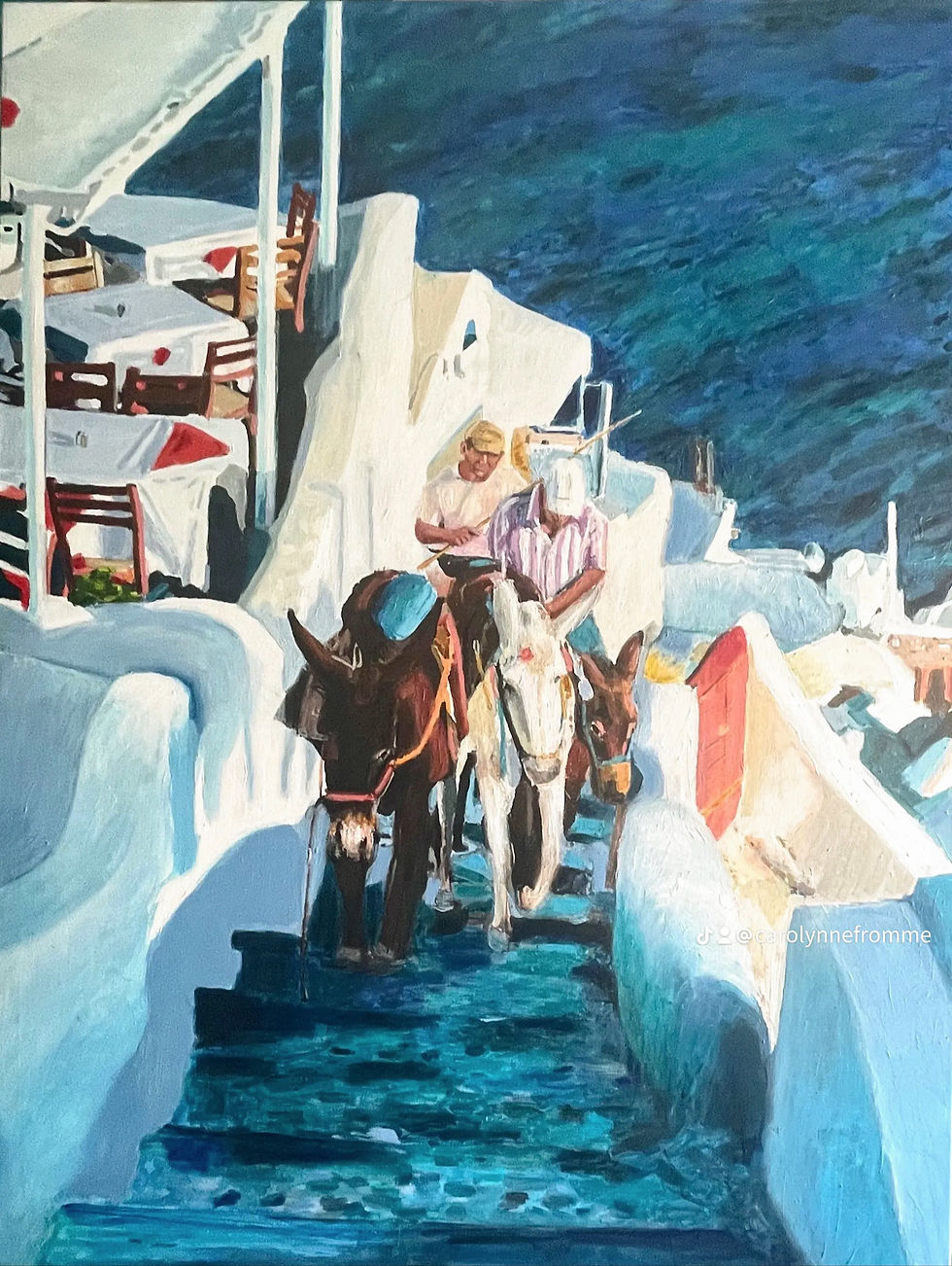 Deep Dive in Sardinia by Carolynne Fromme, oil painting of a woman in a white bikini leaping from a dock into turquoise sea,