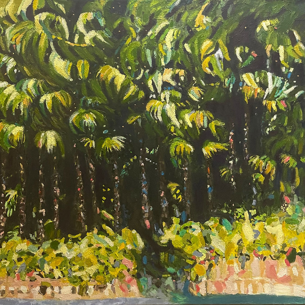 The Charming Palm Trees by Carolynne Fromme, oil painting of a dense grove of slender palm trunks beneath green and golden fr