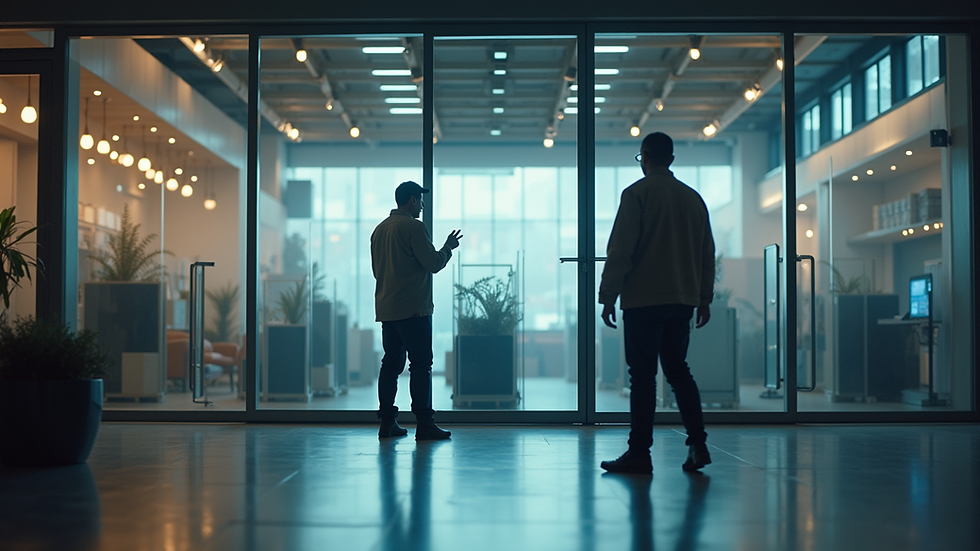 Eye-level view of a commercial glass storefront with a technician inspecting the glass