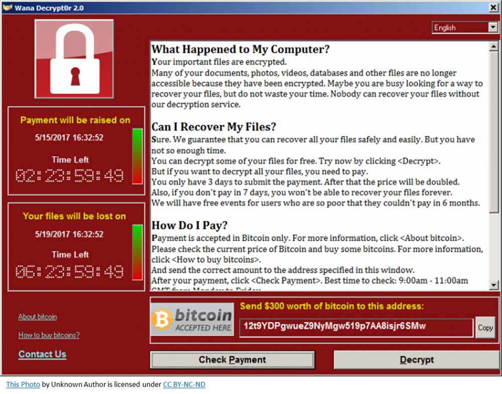 Image of computer screen showing ransomware message