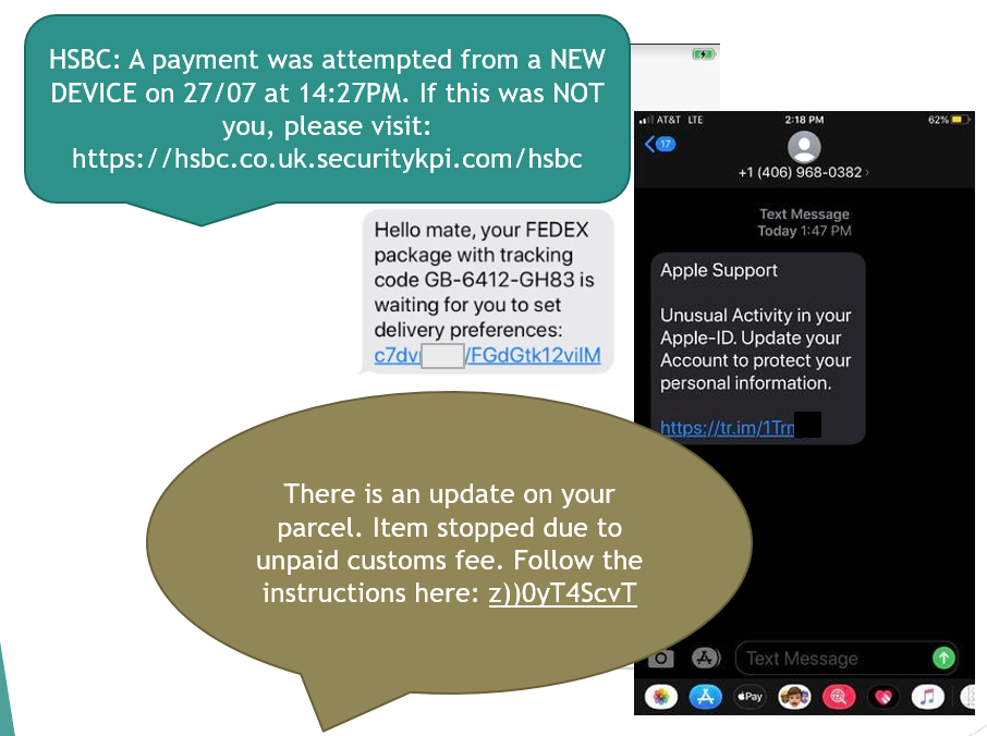 Various text messages which are all phishing examples
