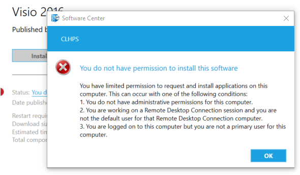 Screenshot of permission error for installing a programme