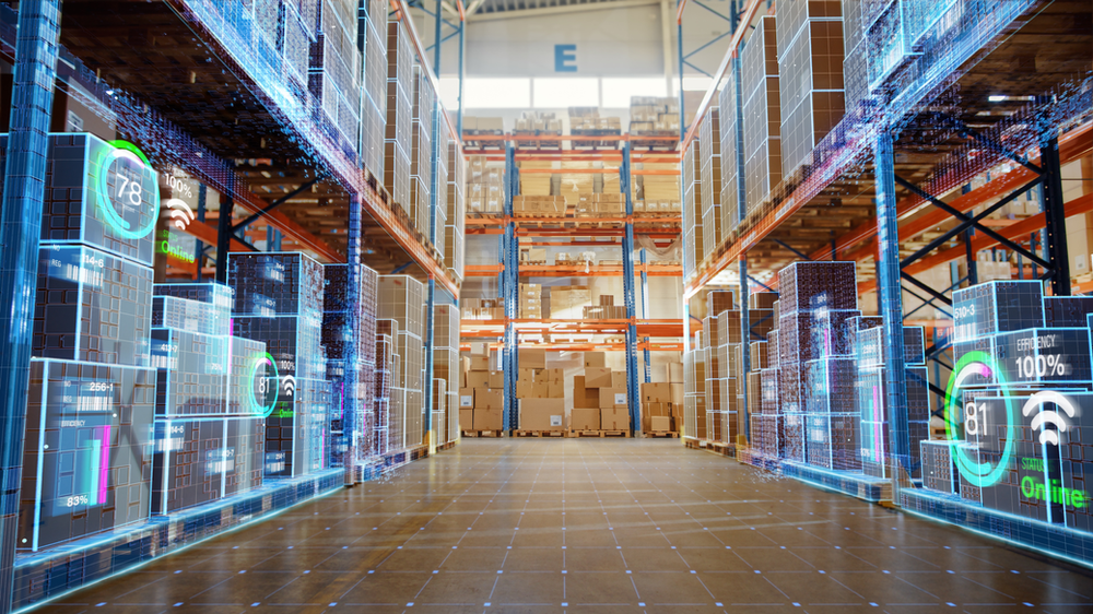 Image of warehouse with overlay of digital information