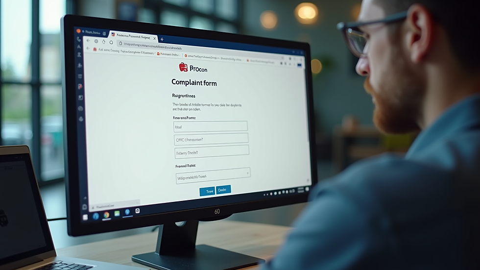 High angle view of a computer screen showing the Procon ES online complaint form