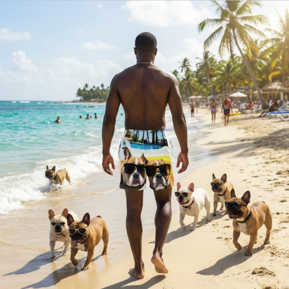 Man wearing French Bulldog Swimsuit back side