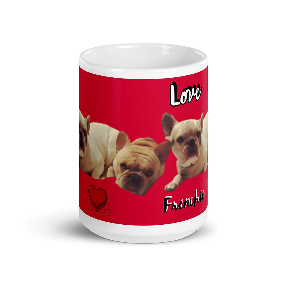 Two French Bulldogs on a French Bulldog Mug side view