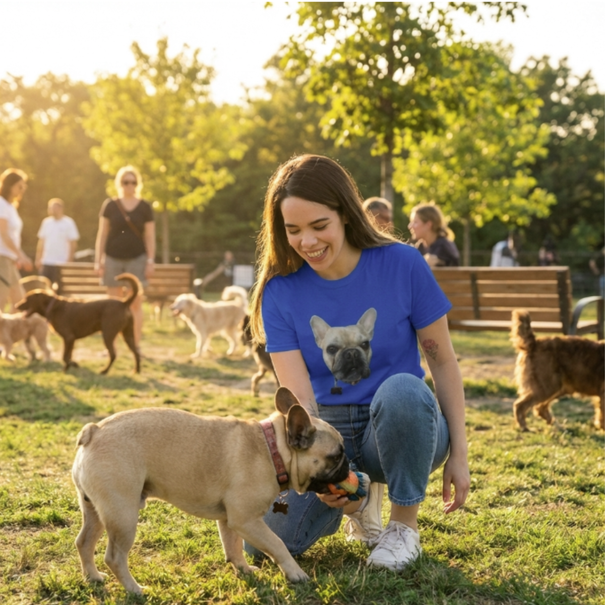 Woman wearing Royal Unisex Head/Butt French Bulldog T-Shirt