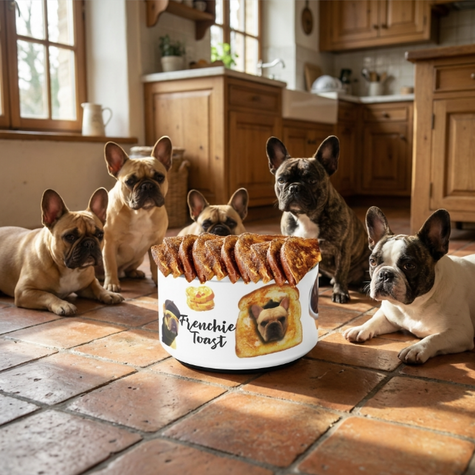 Thumbnail: French Bulldogs sitting around a Frenchie Toast dog bowl