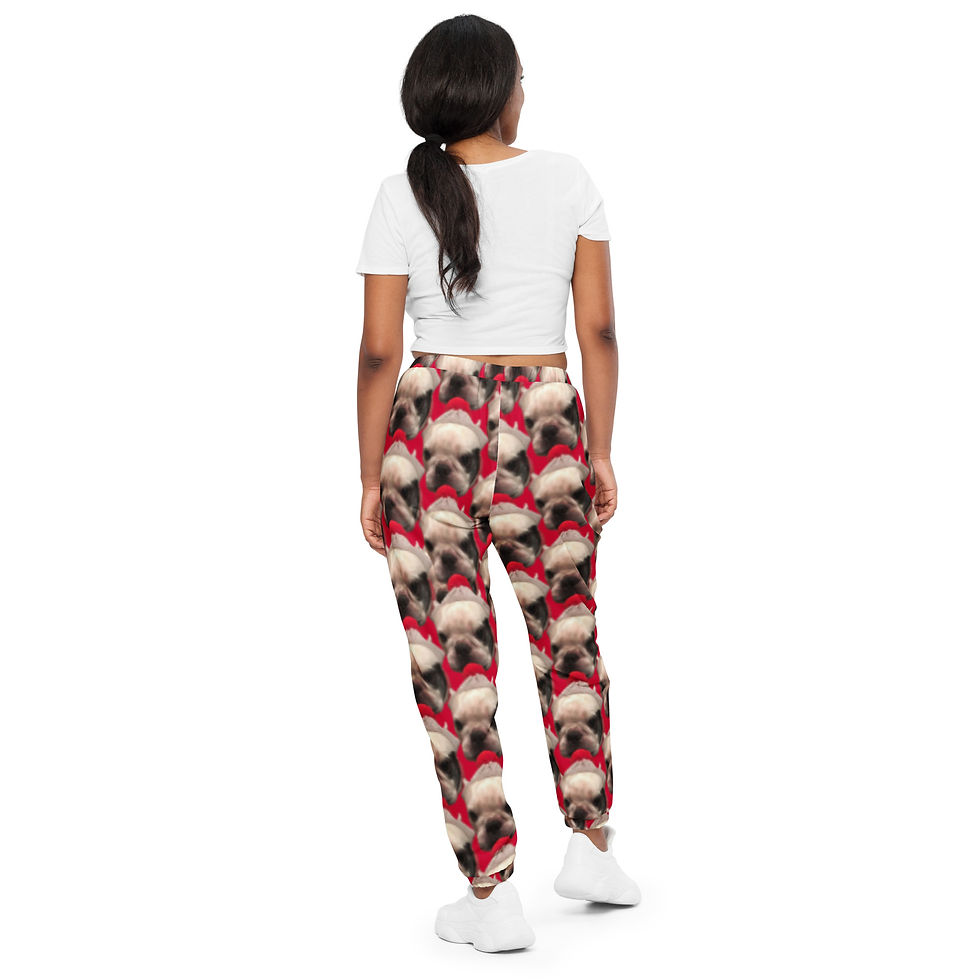 Woman wearing Unisex French Bulldog Track Pants back side
