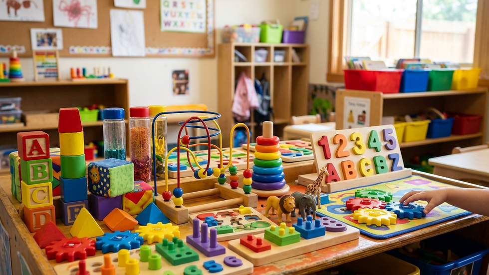 Close-up view of colorful educational toys in a daycare classroom