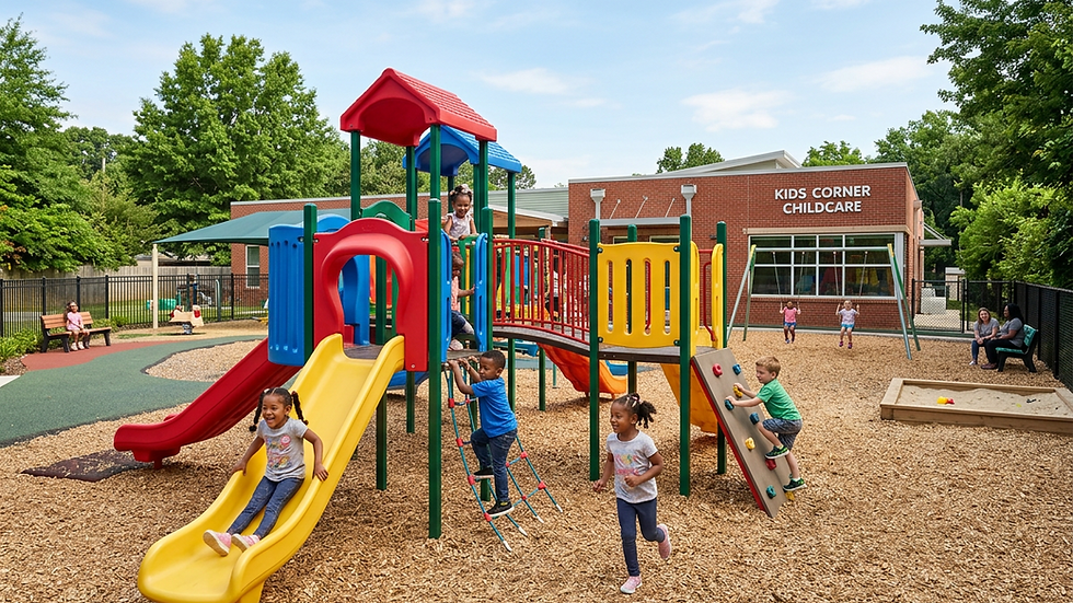 Eye-level view of a colorful playground at a community childcare center