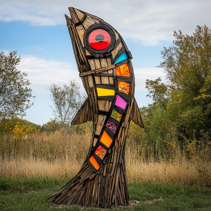 Mark Wieder, Fish Out of Water, 2025, Sculpture (Bamboo, Wood, Acrylic), 220 × 220 × 91 cm