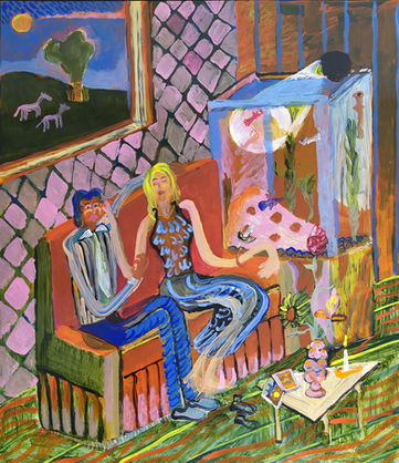 Fernando Emanuel Correia , Couple on Sofa Near Aquarium, 2020, Acrylic on polycarbonate, 4