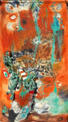 Gwynne Penny, Interwoven Stories -Sea Harvest, 2025, Acrylic and mixed media on raw canvas wall hanging, 90 × 160 × 5 cm