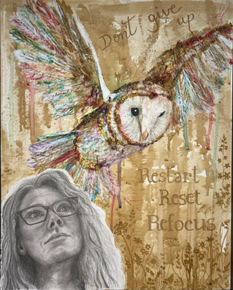 Amy Kerrane, Unfolding the Wings of Courage, 2026, Mixed graphite-coffee-collage-brusho, 55 × 45 cm