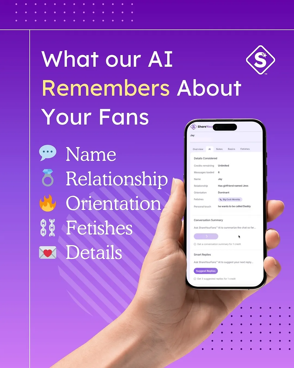 Hand holding a smartphone displaying text with a purple background. Bold text: "What our AI Remembers About Your Fans" with icons and a logo.