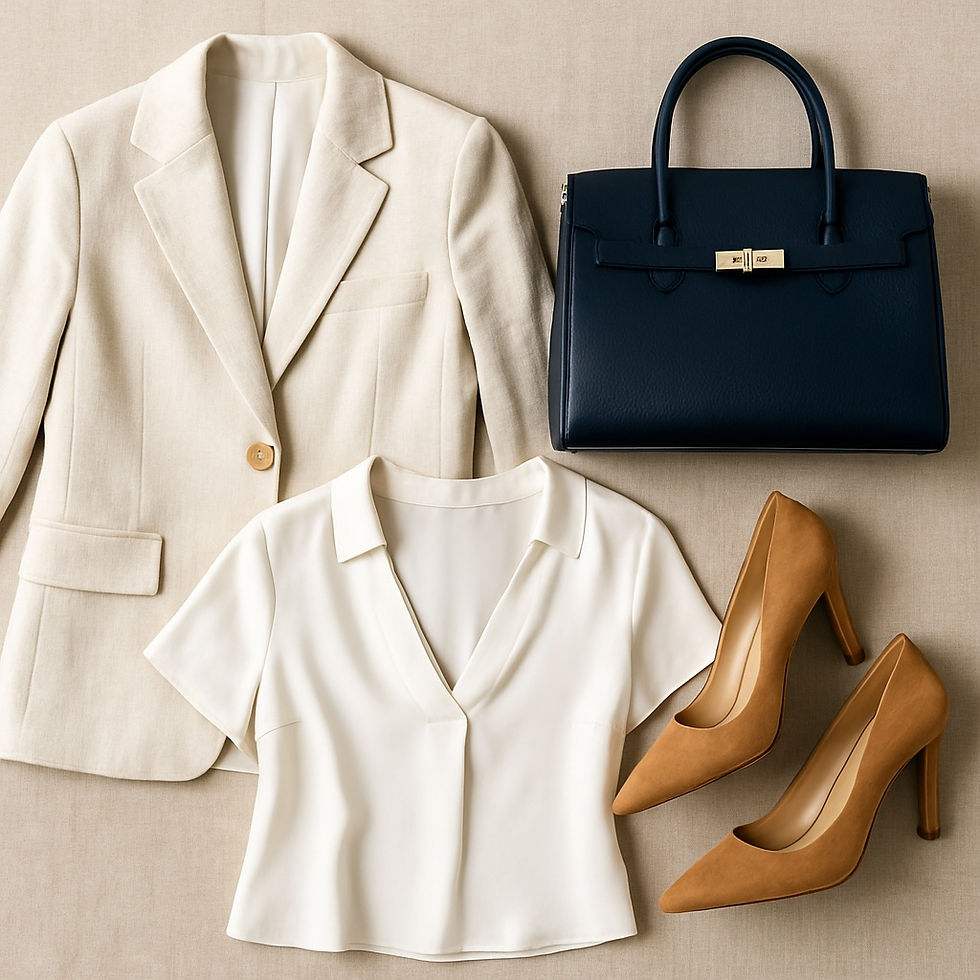 Flatlay of Dubai capsule wardrobe essentials: ivory blazer, silk blouse, neutral heels, and navy handbag.