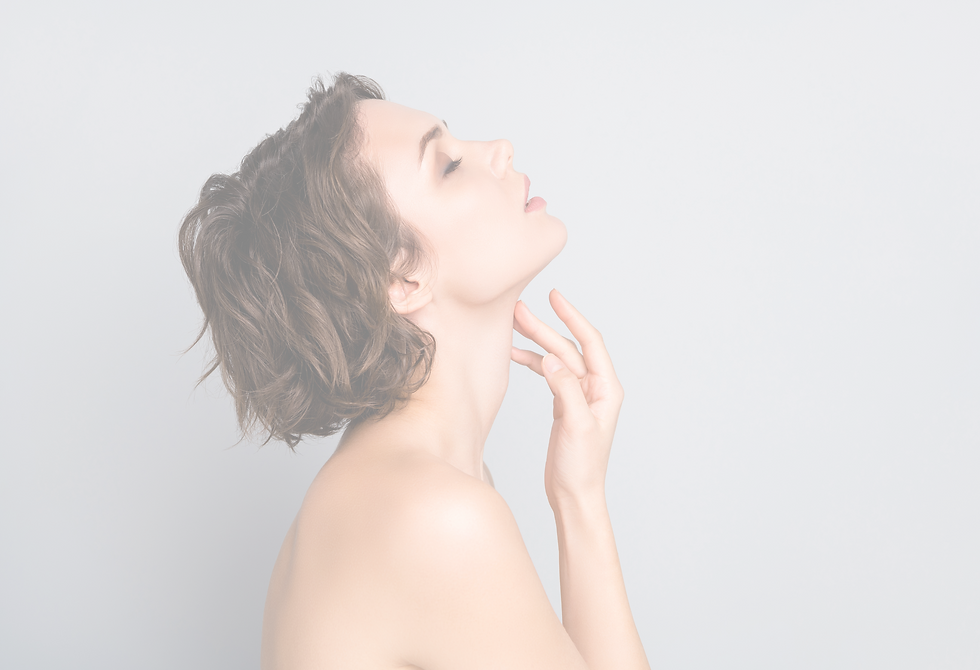 Closeup profile photo of attractive beautiful naked lady bob short hairstyle sensual aesthetic beauty touch hand arm silky neck skin eyes closed isolated grey color background